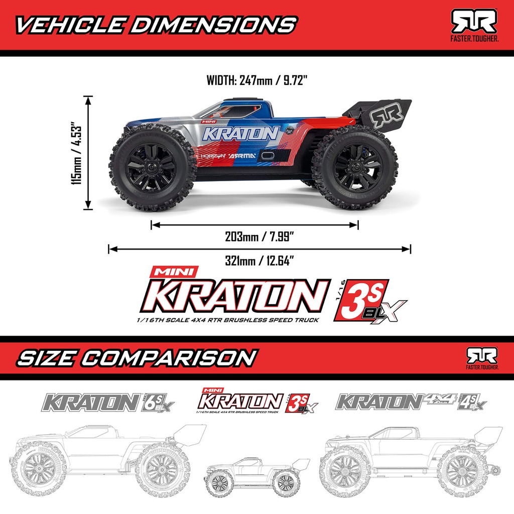 [ ARA2508T1 ] 1/16 MINI KRATON 3S DSC 4X4 RTR Brushless Speed Truck, Black/Red - PRE-ORDER