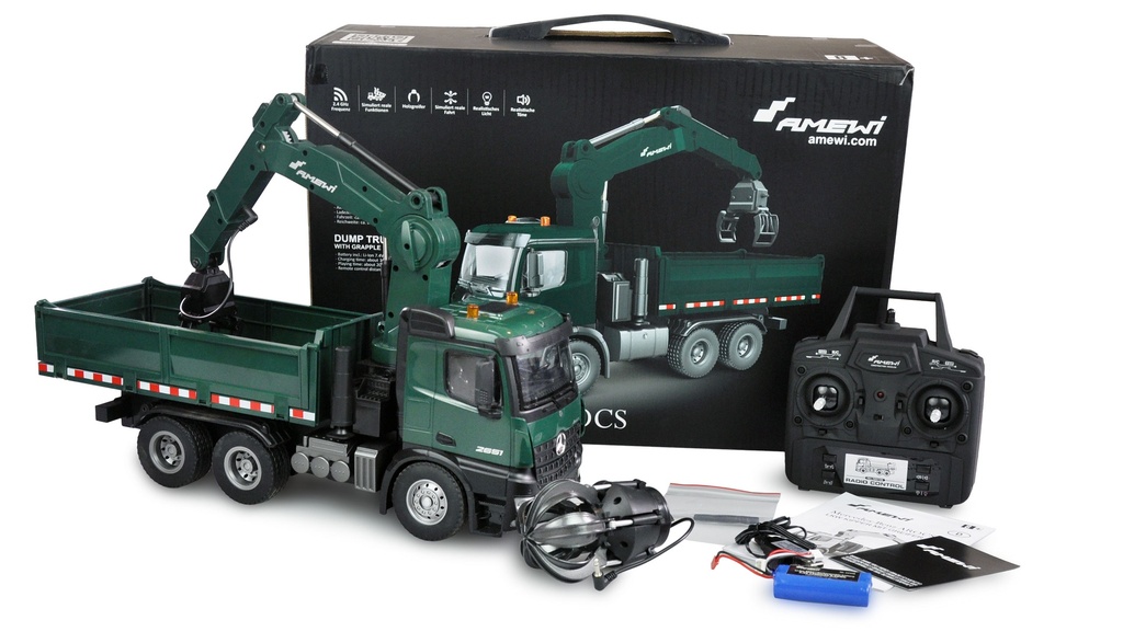 [ AMEWI22568 ] Amewi Mercedes-Benz Arocs Crane Truck with Tipper RTR green