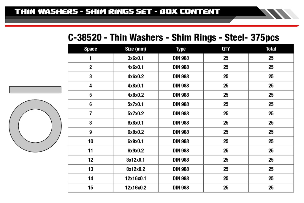 [ PROC-38520 ] Team Corally - Shim Ring Set Steel - 15 Sizes - 375 st