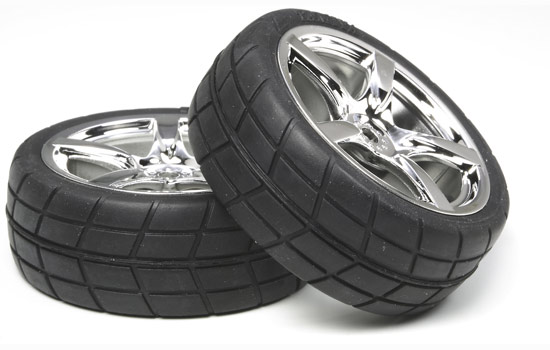 [ T53955 ] Tamiya verchroomde 5-spaakvelgen met gekleefde banden (24mm/offset0)  