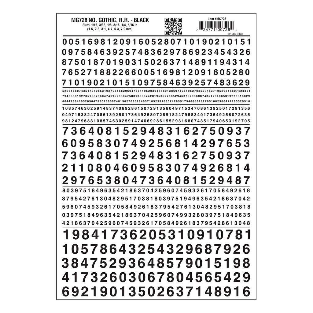 [ WOODLANDMG-726 ] Woodland dry transfer decal numbers gothic RR black