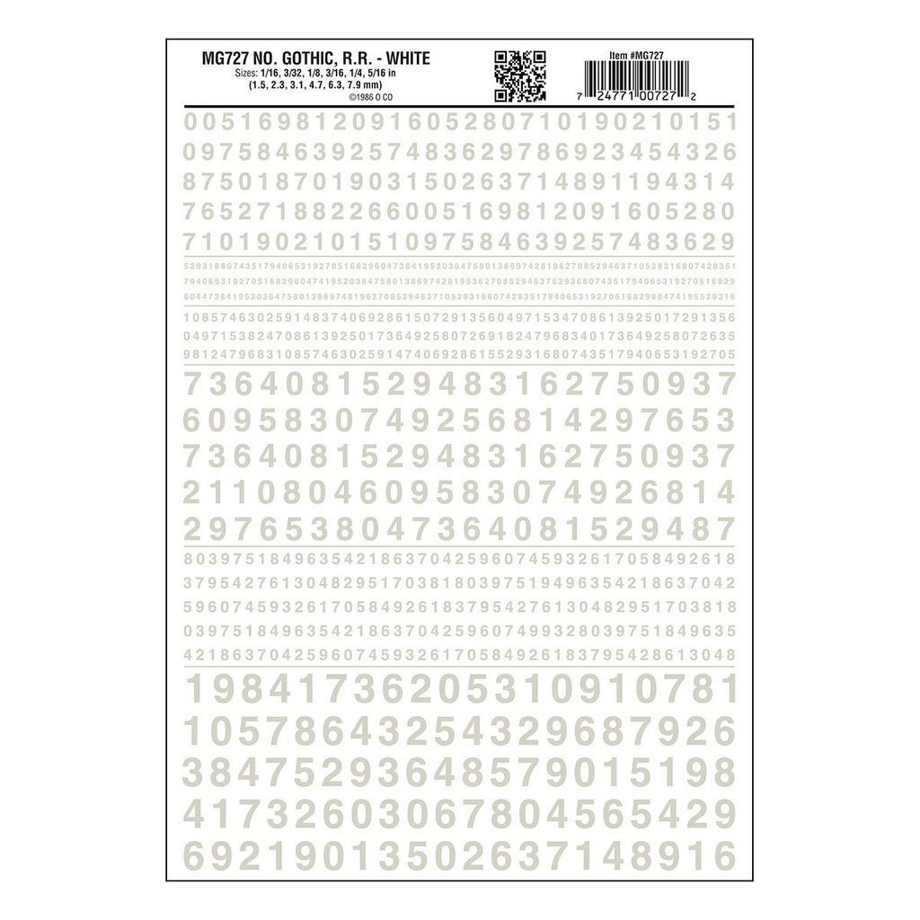 [ WOODLANDMG-727 ] Woodland Dry Transfer decals numbers gothic RR white