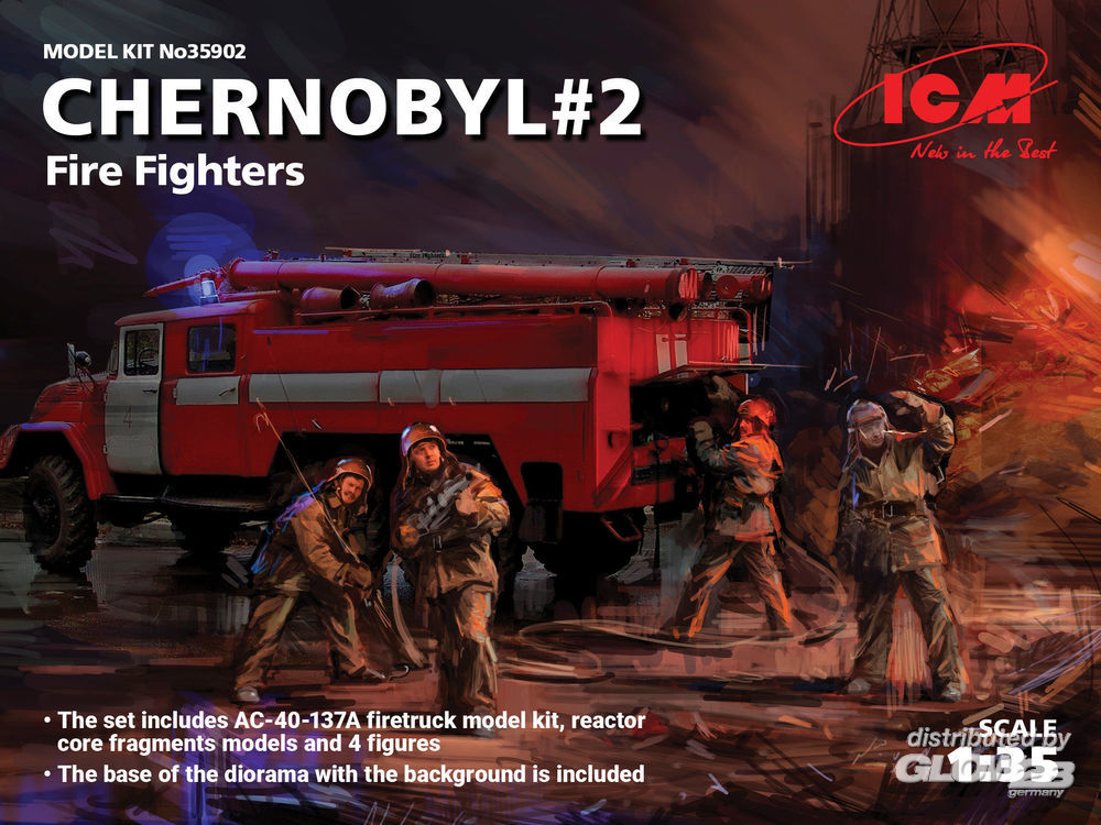 [ ICM35902 ] Chernobyl2. Fire Fighters(AC-40-137A firetruck&4figur&diora base w.background 1/35