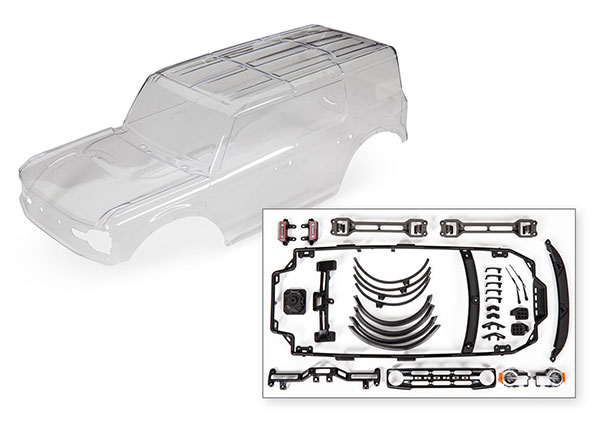 [ TRX-9211 ] Traxxas  Body, Ford Bronco (2021) (clear, requires painting)/ decals/ window masks (includes grille, side mirrors, door handles, fender flares, windshield wipers, spare tire mount, clipless mounting, hardware) (requires #8080X inner fenders) - TRX9211