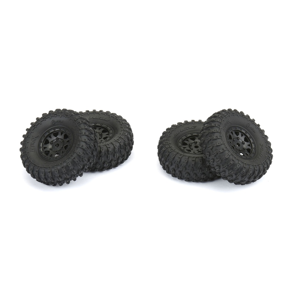 [ PR10194-10 ] Proline Hyrax 1.0 tires mounted on mini impulse black internal bead-lock 7mm hex wheels (4) for SCX24 front & rear