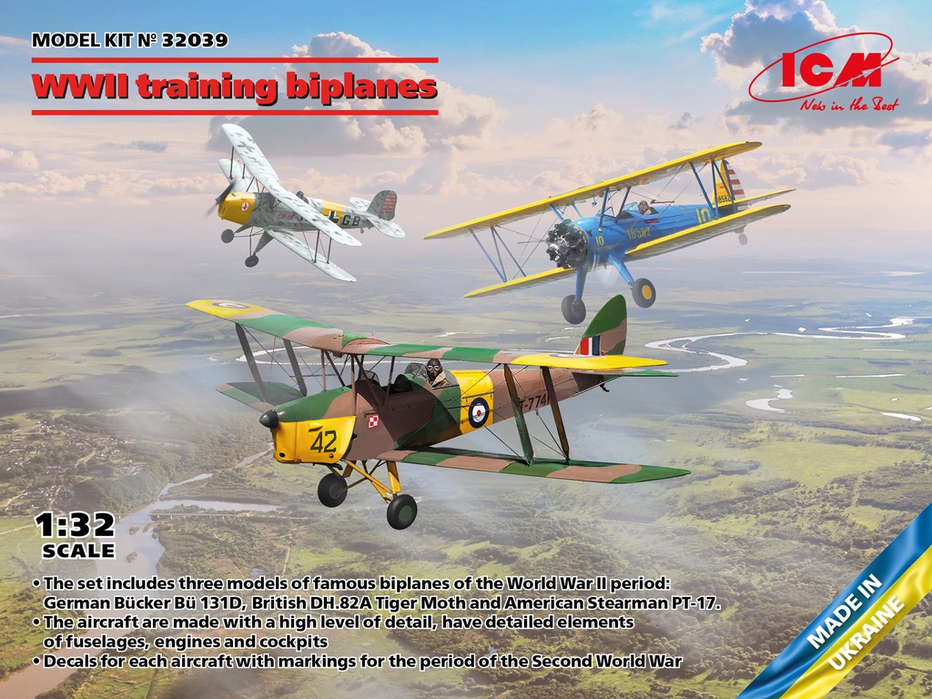 [ ICM32039 ] WWII training biplanes 1/32 (Bücker Bü 131D, DH.82A Tiger Moth, Stearman PT-17)