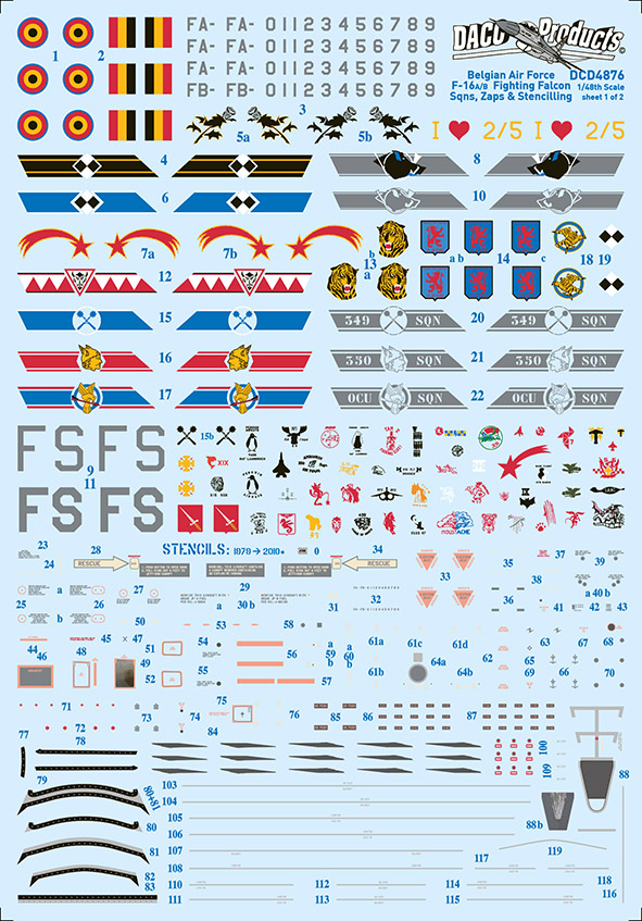[ DACODCD4876 ] F-16A/B (MLU) Fighting Falcon Belgian Air Force Squadrons Emblems, Zappings & General Stencilling 1/48