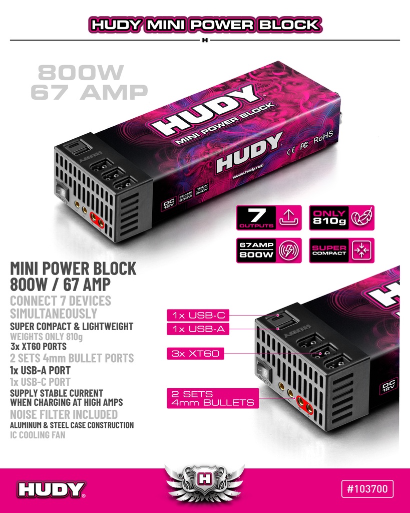[ HUDY103700-EU ] HUDY mini power block 800W / 67 Ampère - EU plug