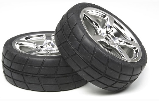 [ T53955 ] Tamiya verchroomde 5-spaakvelgen met gekleefde banden (24mm/offset0)  