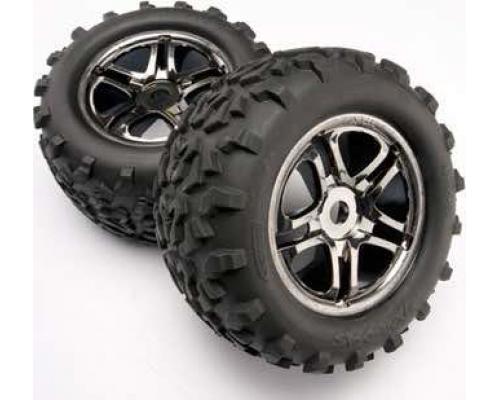[ TRX-4983A ] Traxxas Tires & wheels, assembled, glued (SS (Split Spoke) black chrome wheels, Maxx tires (6.3" outer diameter), foam inserts) (2) (fits Maxx/Revo series) 