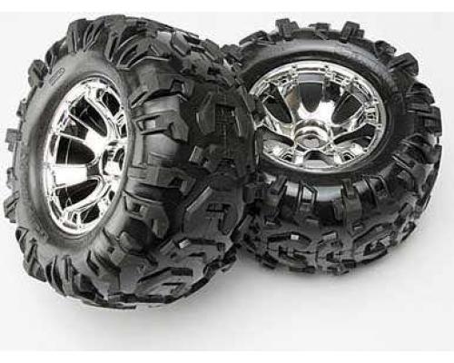 [ TRX-5673 ] Traxxas Tires & wheels, assembled, glued (Geode chrome wheels, Canyon AT tires, foam inserts) (2) (use with beadlock-style sidewall protectors #5666, #5667) -TRX5673 