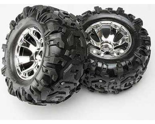 [ TRX-5673 ] Traxxas Tires &amp; wheels, assembled, glued (Geode chrome wheels, Canyon AT tires, foam inserts) (2) (use with beadlock-style sidewall protectors #5666, #5667) 