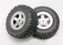 [ TRX-7073 ] Traxxas Tires and wheels, assembled, glued (SCT satin chrome wheels, SCT off-road racing tires, foam inserts) (1 each, right & left) -TRX7073 