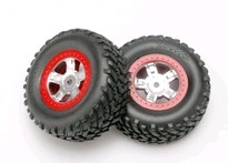 [ TRX-7073A ] Traxxas Tires and wheels, assembled, glued (SCT satin chrome wheels, red beadlock style, SCT off-road racing tires, foam inserts) (1 each, right & left) 