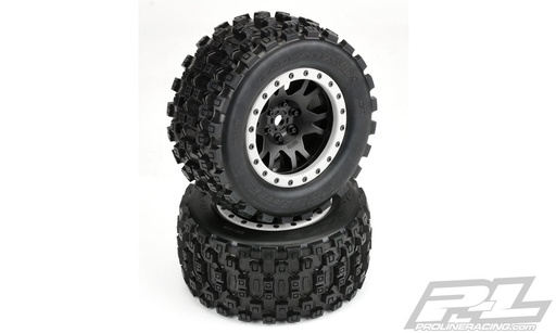 [ PR10131-13 ] badlands MX43 pro-loc truck tires mounted on impulse pro loc black wheels with grey ring for Xmaxx 