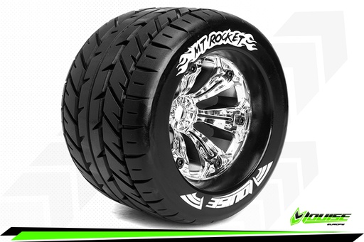 [ PROLR-T3217CH ] Louise RC - MT-ROCKET - 1-8 Monster Truck Tire Set - Mounted - Medium - Chrome 3.8" Rims - 1/2"-Offset