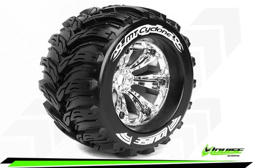 [ PROLR-T3220CH ] Louise RC - MT-CYCLONE - 1-8 Monster Truck Tire Set - Mounted - Medium - Chrome 3.8" Rims - 1/2"-Offset - Hex 17mm