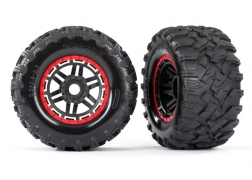 [ TRX-8972R ] Traxxas Tires & wheels, assembled, glued (black, red beadlock style wheels, Maxx® MT tires, foam inserts) (2) (17mm splined) (TSM® rated) - TRX8972R