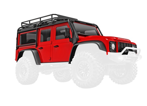 [ TRX-9712-RED ] Traxxas  Body, Land Rover Defender 1/18, complete, red (includes grille, side mirrors, door handles, fender flares, windshield wipers, spare tire mount, &amp; clipless mounting) - trx9712-red