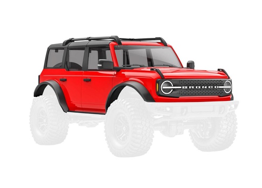 [ TRX-9711-RED ] Traxxas Body, Ford Bronco (2021), complete, red (includes grille, side mirrors, door handles, fender flares, windshield wipers, spare tire mount, & clipless mounting) - TRX9711-red