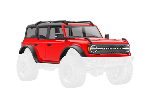 [ TRX-9711-RED ] Traxxas Body, Ford Bronco (2021), complete, red (includes grille, side mirrors, door handles, fender flares, windshield wipers, spare tire mount, &amp; clipless mounting) - TRX9711-red