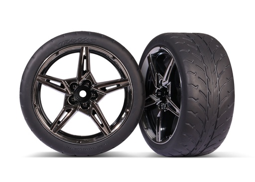 [ TRX-9371 ] Traxxas  Tires and wheels, assembled, glued (split-spoke black chrome wheels, 2.1&quot; Response tires) (extra wide, rear) (2) - TRX9371