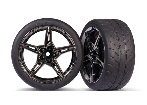 [ TRX-9371 ] Traxxas  Tires and wheels, assembled, glued (split-spoke black chrome wheels, 2.1" Response tires) (extra wide, rear) (2) - TRX9371