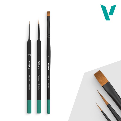 [ VALB03990 ] Vallejo Precision Starter Set brushes / penseel (Round No.1 & 3/0 Triangular Handle, Flat No.4, synthetics)