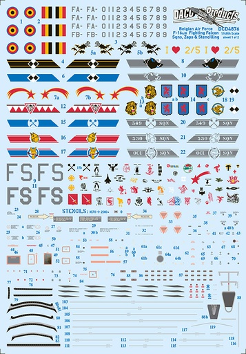 [ DACODCD4876 ] F-16A/B (MLU) Fighting Falcon Belgian Air Force Squadrons Emblems, Zappings & General Stencilling 1/48