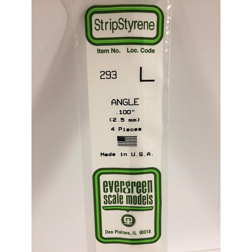 [ EG293 ] Evergreen styrene  'L' Profiel 2.5 x 350 mm (4st.)