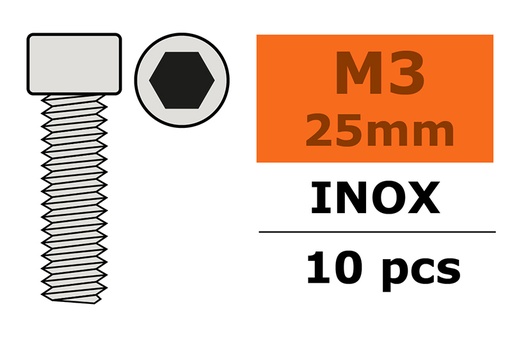 [ GF-0200-011 ] Cilinderschroef - Binnenzeskant - M3X25 - Inox - 10 st 