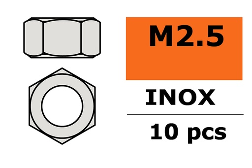 [ GF-0250-002 ] Zeskantmoer - M2,5 - Inox - 10 st